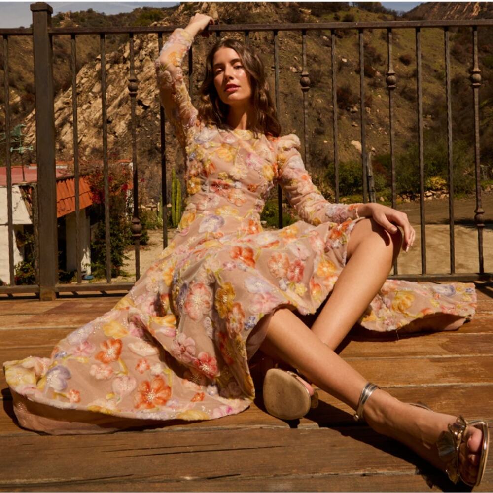 NEW NWT Anthropologie Helsi Tessa Long-Sleeve Appliqué Sunset Yellow Dress S - Picture 4 of 11